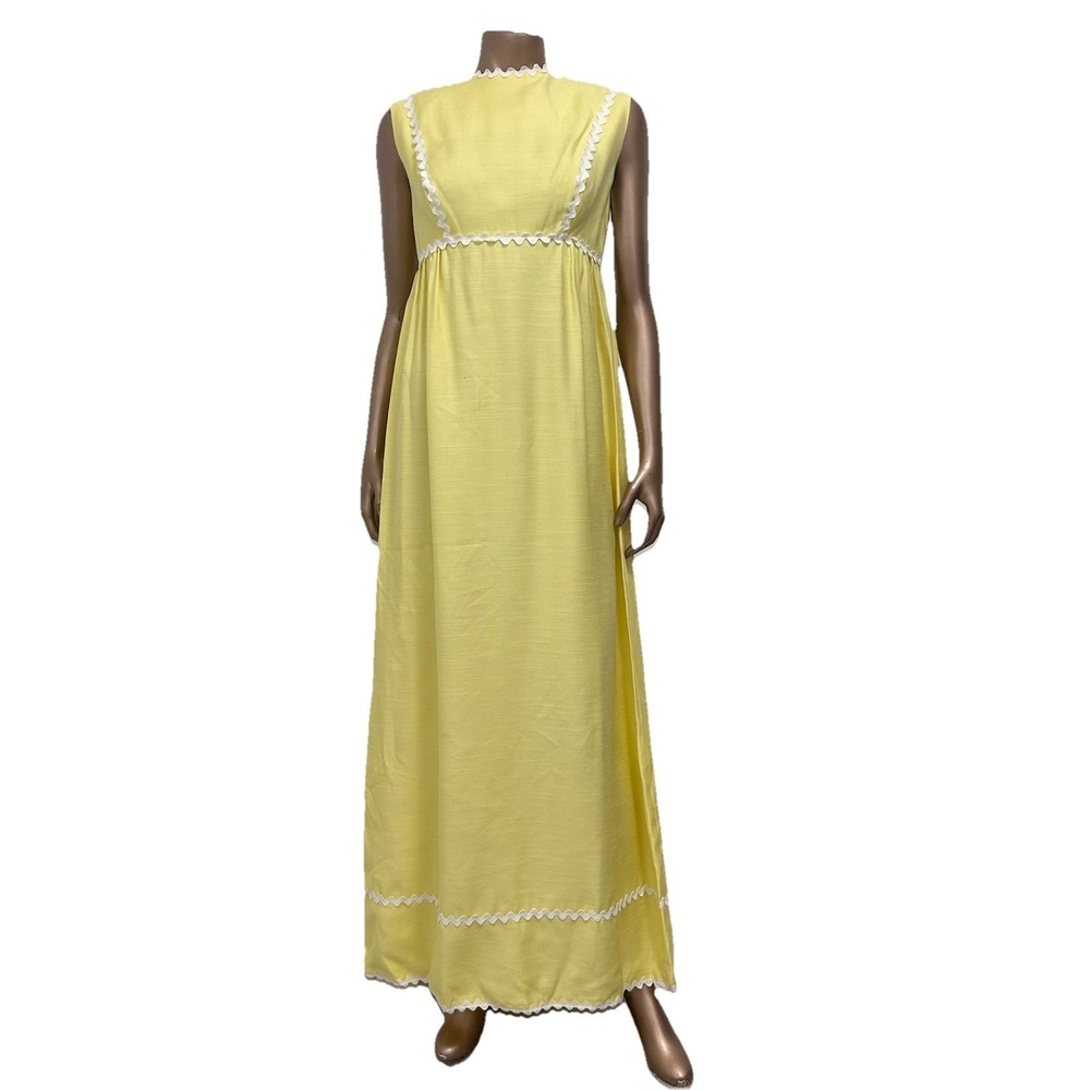 VTG 70s Yellow Sleeveless Empire Waist Maxi Dress  White Rickrack Trim M (12)‎